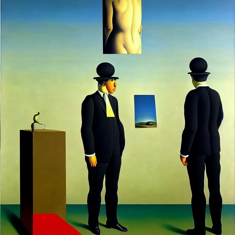 Prompt: a man looks into his own painting and sees nothing, by rene magritte and salvador dali, surreal, oil on canvas, hyper detailed