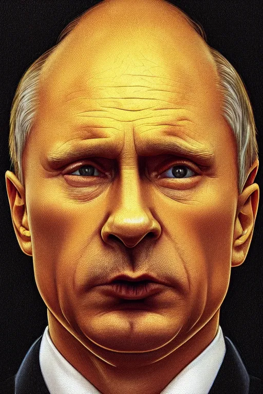 Image similar to vladimir putin as a yellow funny stupid homer simpson, realistic portrait, symmetrical, highly detailed, digital painting, artstation, concept art, smooth, sharp focus, illustration, cinematic lighting, art by artgerm and greg rutkowski and alphonse mucha