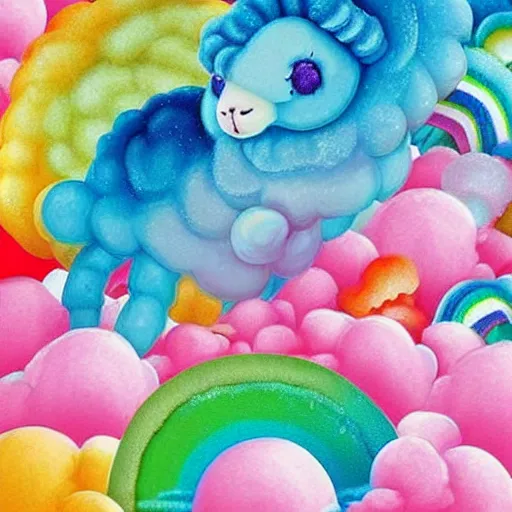 Prompt: Sea like jelly, Rainbow sheep like cotton candy，dreamy, soft , highly detailed, in the style of Yuri Anatolyevich Obukhovskiy