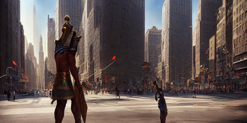 Image similar to an egyptian god walking the streets of new york, digital art, landscape, fantasy art, octane render, unreal engine, high detail, very realistic, by ross tran. by james gurney