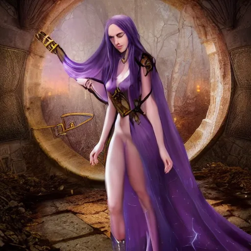 Prompt: Pale Sorceress with long dark hair walking within an abandoned and decayed medieval temple. She wears a purple dress adorned in jewelry flashing gold, trending on artstation, dark fantasy