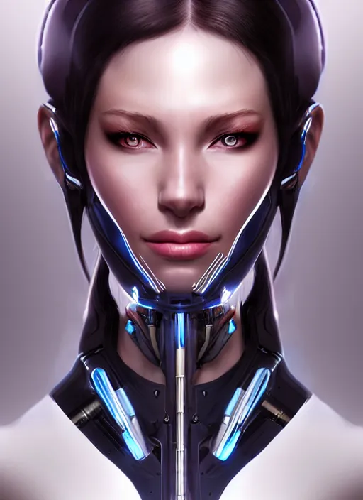 Prompt: portrait of a cyborg woman who turns her head to the (((((right))))) left by Artgerm,eyes closed , biomechanical, hyper detailled, trending on artstation