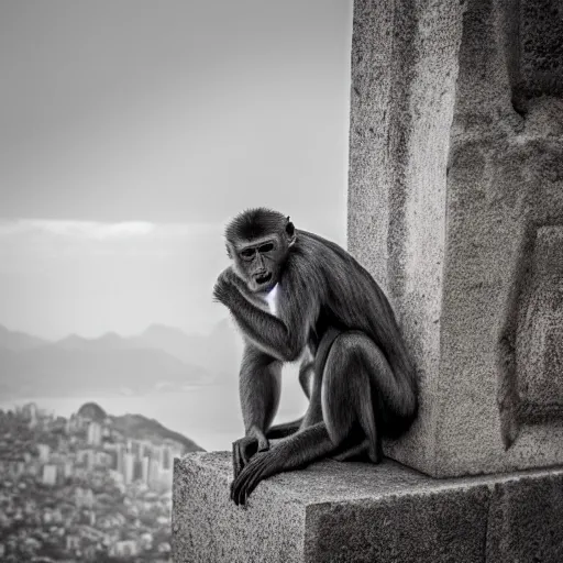 Image similar to high quality portrait of a monkey in front of Christ The Redeemer, studio photograph, photograph, realistic photo, 8k photo, 4k photo, stock photo, high resolution, cinematic shot, high detail