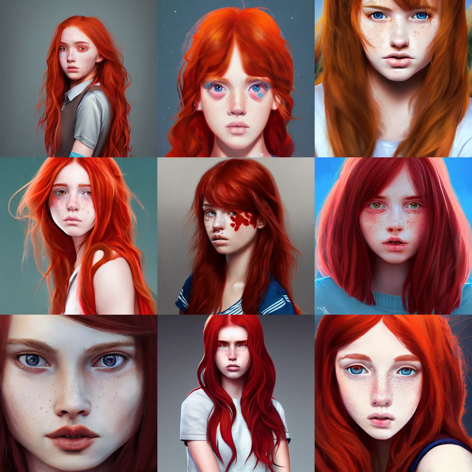 Image similar to portrait of a teen girl with freckles with long red hair and bright brown eyes, 8 k, highly detailed, digital painting, artstation, sharp focus, illustration