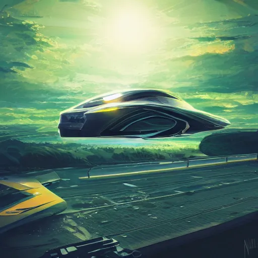 Image similar to solarpunk hovercar, clean energy, green technology, highway, sunny day, futurism, intricate, engines, glow, highly detailed, drone wings, peaceful, utopia, bright, digital painting, artstation, concept art, smooth, sharp focus, epic landscape, art by akihiko yoshida and tim mcburnie and anato finnstark