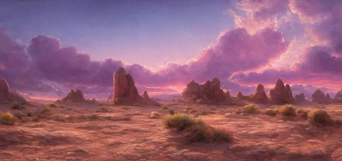 Prompt: beacons of soft light drifting above a desert, alien rock formations, classical landscape painting, oil paints, highly detailed, late evening with pink light on the horizon