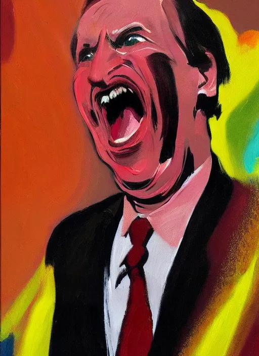 Prompt: saul goodman, screaming, painting by sir francis bacon,'action lines '!!!, graphic style, visible brushstrokes, motion blur, blurry