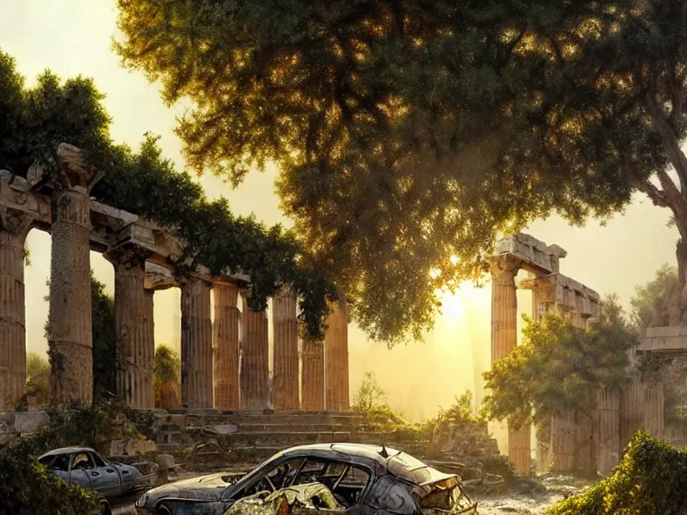 Image similar to tree growing in ancient greek ruins, gray wasteland, many scrap cars, plastic waste, rubble, pillars, flowers, vines, hyperrealistic, highly detailed, cinematic, single ray of golden sunlight, beautiful, cgssociety, artstation, 8 k, oil painting by greg rutkowski, by artgerm, by wlop