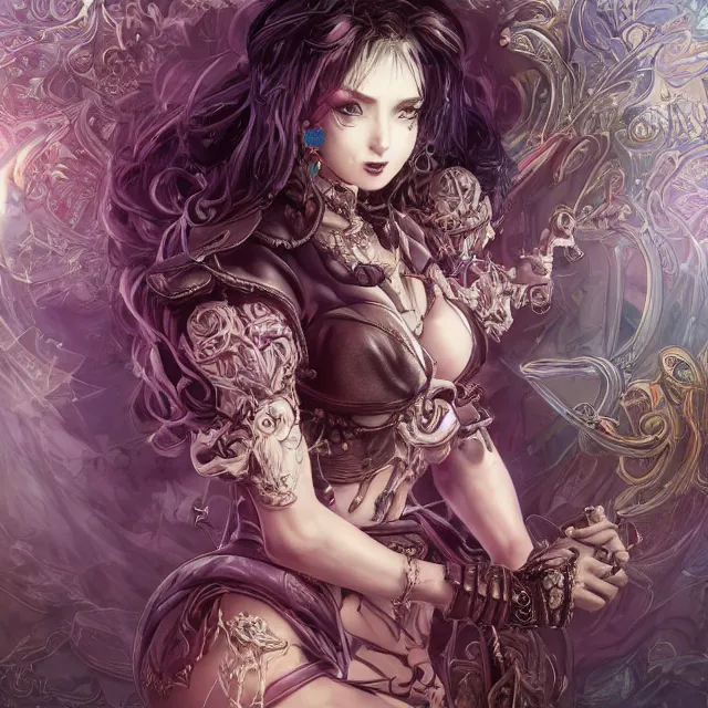 Image similar to the portrait of chaotic evil fallen sensual female necromancer overlord as absurdly beautiful, gorgeous, elegant young idol, an ultrafine hyperdetailed illustration by kim jung gi, irakli nadar, intricate linework, bright colors, octopath traveler, final fantasy, unreal engine 5 highly rendered, global illumination, radiant light, detailed and intricate environment