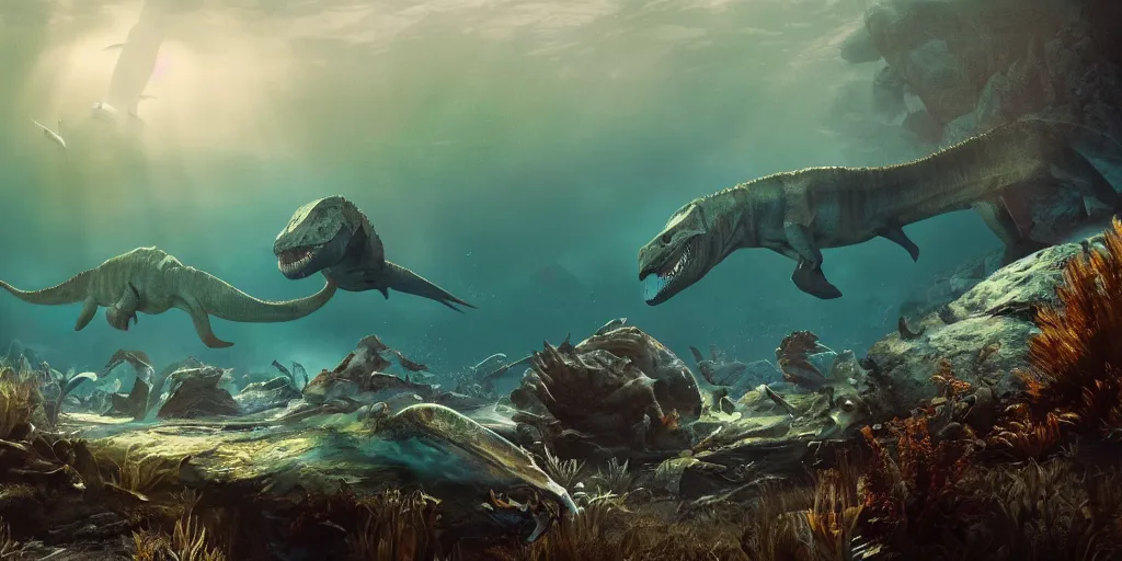 Prompt: underwater view of jurassic era predators and prey, octane render, cinema 4 d, light rays, cinematic lighting, golden ratio, underwater photography, realistic, volumetric lighting, wildlife documentary, by greg rutkowski