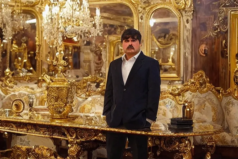 Image similar to el chapo standing in the middle of a grandiose mexican mansion. everything is made out of gold. el chapo is sipping on wine. the mansion is incredible and ornate. chapo has a clockwork chain. there are princesses and queens everywhere around him, lovely scene