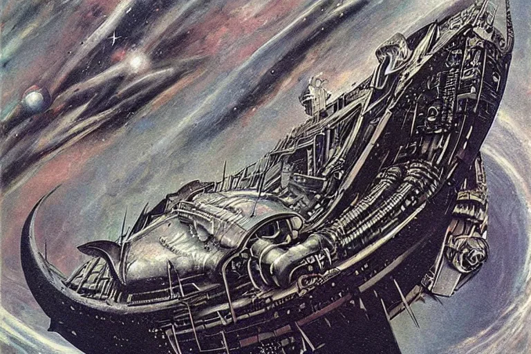 Prompt: atompunk space ship sailing through the infinite cosmos, painting by h. r. giger