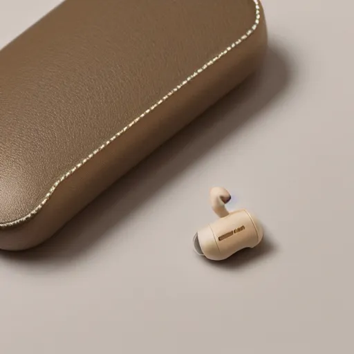 Image similar to a single beige truly wireless earbud with gold accents, beige case, studio, product photo