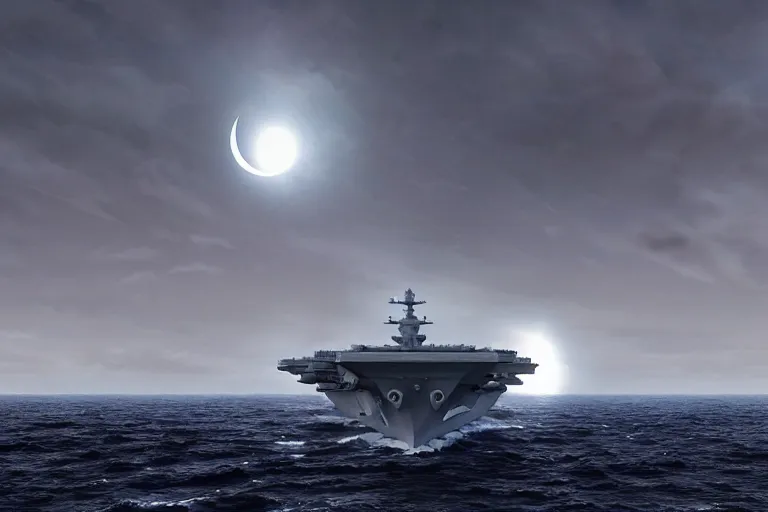 Prompt: aircraft carrier on a calm ocean during a total eclipse by david palumbo and raymond swanland and zack snyder sharp digital painting. dreaming latent space. matte painting, concept art. artstation. digital render. realistic, 8 k