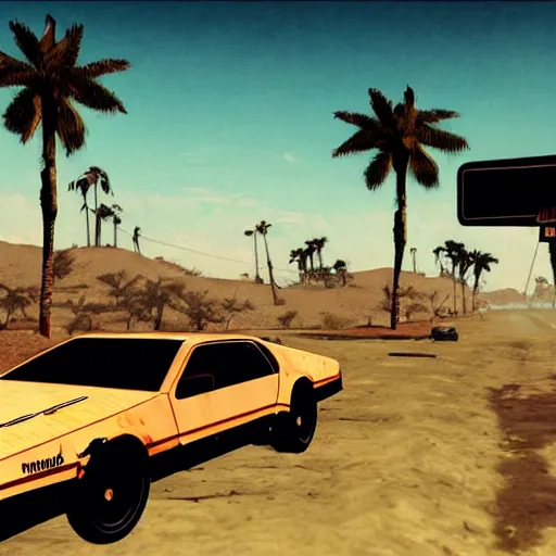 Image similar to wasteland hotline miami desert apocalypse car on fire oil leaking black liquid wasteland war destroyed wide shot landscape nuke fire craters end of the world miami beach sunset palm trees 80s delorean unreal engine style