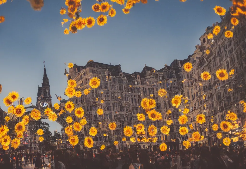 Image similar to 3 d 🌻 popping out of curved screen, town square, volumetric lighting, bokeh, shot on 7 0 mm, instax