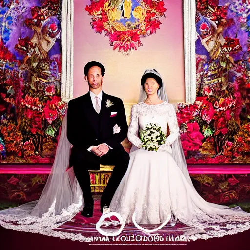 Image similar to A wide full shot, colored Russian and Japanese mix historical fantasy a photograph portrait taken of inside the royal wedding floral covered chapel, photographic portrait, warm lighting, 1907 photo from the official wedding photographer for the royal wedding.