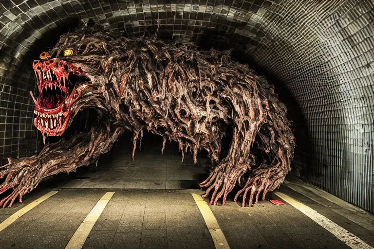 Image similar to very large giant mutant zombie irradiated ( angry rat ) staying on railways in tonnel of moscow subway. tonnel, railways, giant angry rat, furr, fangs, very realistic. extreme long shot, rusty colors, anish kapoor, herman nitsch, giger.
