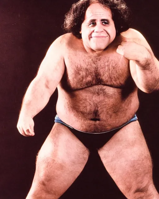 Image similar to portrait of danny devito as a professional wrestler. photographic, photography