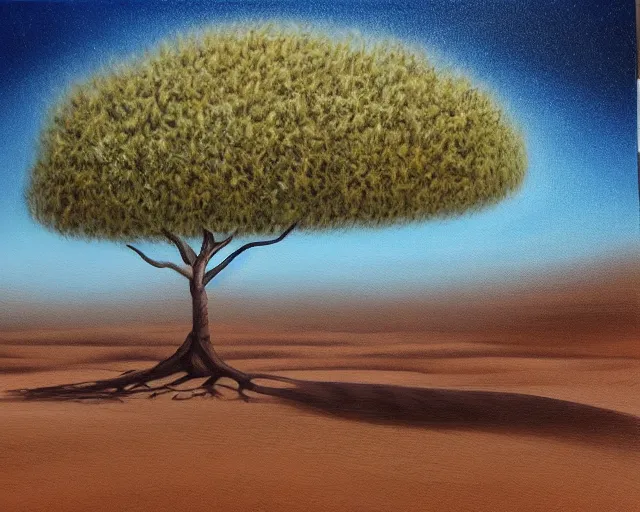 Image similar to a painting of a tree in the desert, an airbrush painting by breyten breytenbach, detailed sand pattern, cgsociety, neo - primitivism, airbrush art, dystopian art, apocalypse landscape