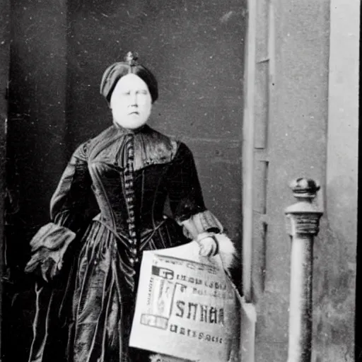 Prompt: queen victoria robbing a bank, 1870s photo