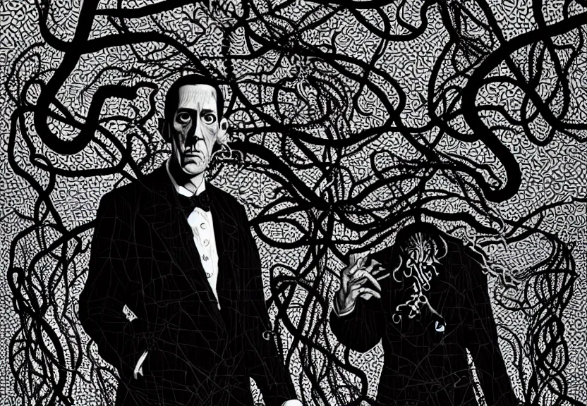 Prompt: H.P. Lovecraft with morbid thoughts wearing a black coat, and tentacles, he is being embraced by thorny vines, dunwitch horror, eldritch abomination, painted on glass by Range Murata, Katsuhiro Otomo, Yoshitaka Amano, and Artgerm. 3D shadowing effect, 8K resolution.