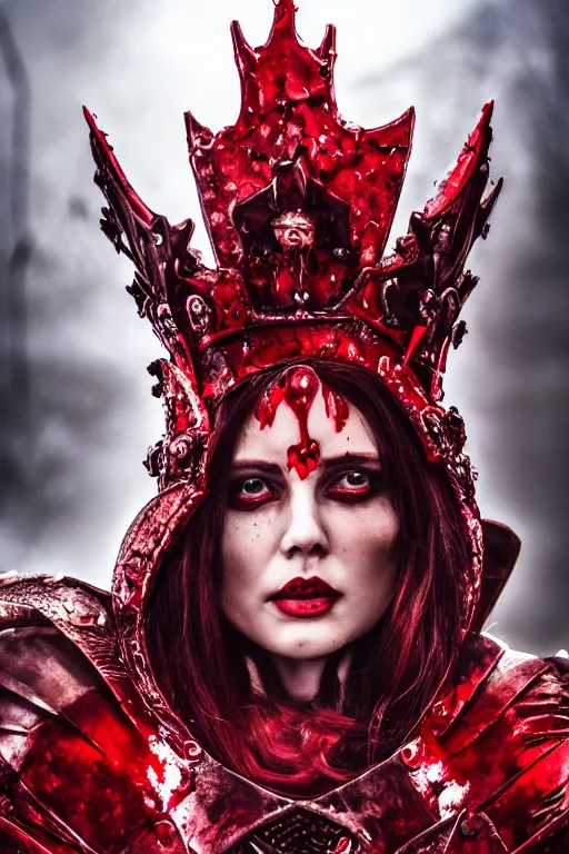 Image similar to the blood crown queen wear the scarlet armor, cinematic lighting, various refining methods, micro macro autofocus, ultra definition, award winning photo