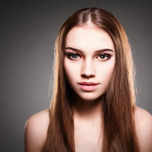 Image similar to a beautiful portrait of a very beautiful young woman with long hair, character portrait, symmetrical, global illumination, radiant light