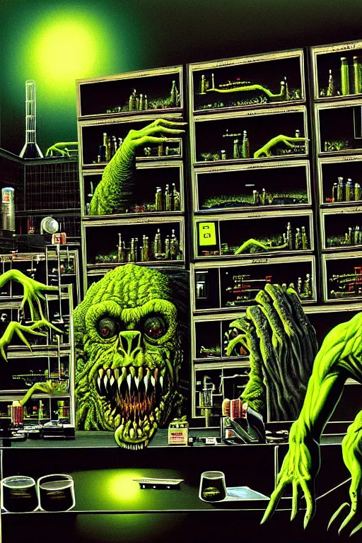 Image similar to a hyperrealistic detailed painting of a emergency chaos at the nuclear power plant, radioactive radiation monster eating the laboratory by chris cunningham and richard corben, highly detailed, vivid color,