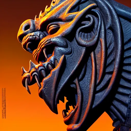 Image similar to side profile of barong family gargoyle, wiwek, mara demon, one single tribe member, jungle, one single mask, dark, tribal, inner glow, art by dan mumford and justin gerard