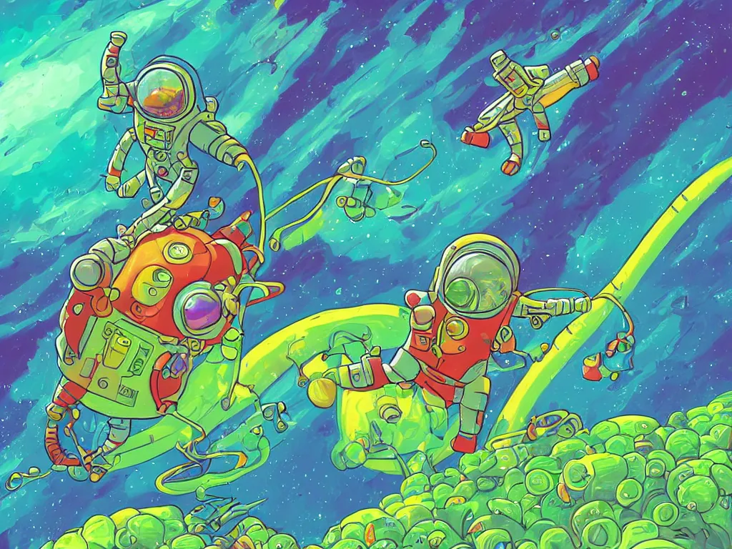 Prompt: a digital painting of an astronaut!!!!!! floating in a bright colorful alien ocean surrounded by limes!!!!!!, sharp focus, retro futuristic, 8 k, highly detailed, lovecraftian by skottie young