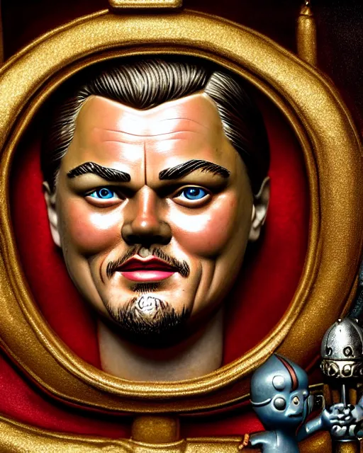 Image similar to highly detailed closeup, face profile portrait of a tin toy leonardo dicaprio as a medieval demon eating cakes in a castle, hyper realistic, artstation, illustration, nicoletta ceccoli, mark ryden, lostfish, dan decarlo, bob clampett, max fleischer, digital paint, matte paint, vivid colors, detailed and intricate environment