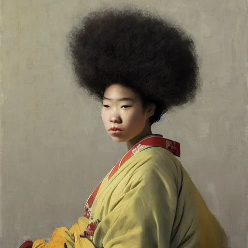 Image similar to girl with a samurai mask on, with afro, in kimono, frontview, sitting on edge of the bed, by jeremy lipking, tim rees, joseph todorovitch