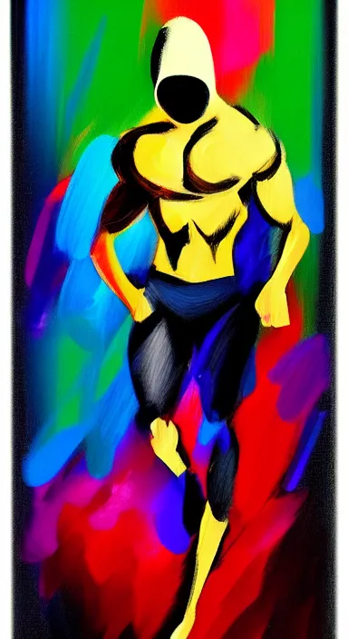 Image similar to very dark background, a thin, athletic physique man's body made of bright colored thick flowing dramatic brush strokes, no face, strong wind, matte colors, impressionist, extreme motion, trending on artstation