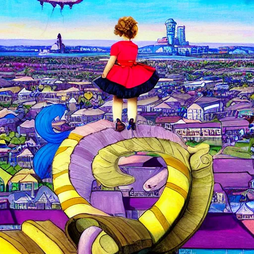 Image similar to Alice riding atop the Cheshire Cat, flying over Portland Maine, city skyline, highly detailed painting