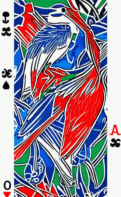 Prompt: poker game card design, simple, modern style, solid colors, japanese crane bird in center, pines symbol in the corners, vivid contrasts, designed by junior cards, kickstarter