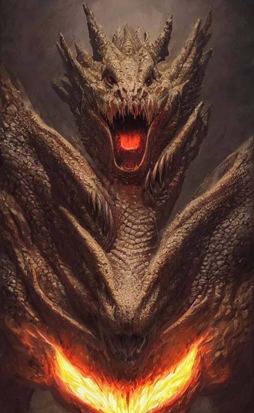 Image similar to firebreathing dragon, symmetrical facial features, front game card, drark, marvel comics, dark, intricate, highly detailed, smooth, artstation, digital illustration by ruan jia and mandy jurgens and artgerm and wayne barlowe and greg rutkowski and zdislav beksinski