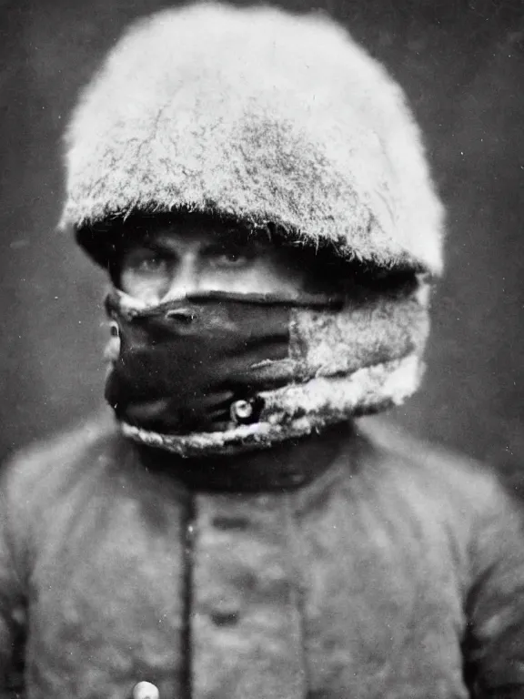 Image similar to portrait of man with extreme cold weather mask, ww1 photo, grainy, high detail, high resolution,