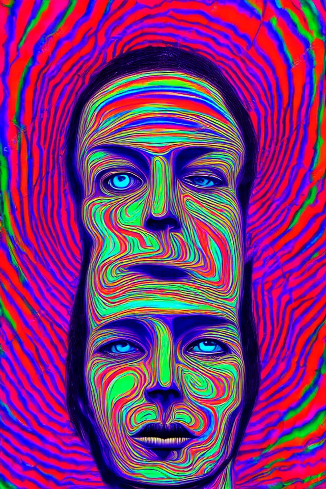 Image similar to hollow face portrait, stunning psychedelic background