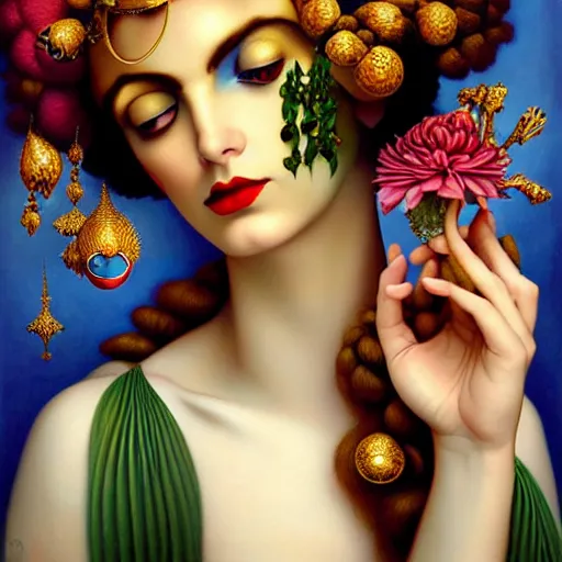 Prompt: dynamic composition, a painting of a woman with hair of flowers and peacock plummage wearing ornate earrings, a surrealist painting by tom bagshaw and jacek yerga and tamara de lempicka and jesse king, featured on cgsociety, pop surrealism, surrealist, dramatic lighting, wiccan, pre - raphaelite, ornate gilded details