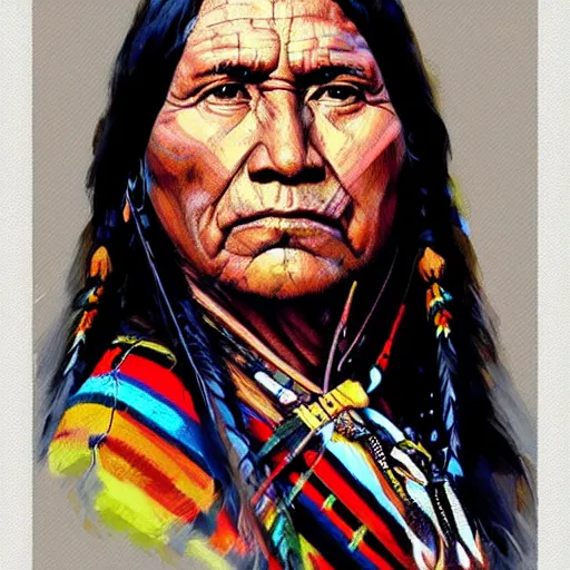 Image similar to painting, native american portrait on tshirt, artstation, detailed