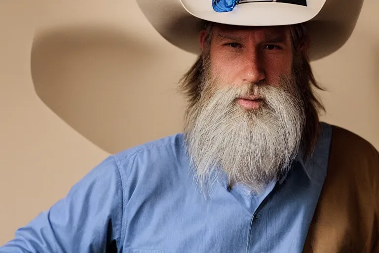 Image similar to a portrait photo of a 35 year old skinny Caucasian man with a large white beard and long white hair wearing a blue shirt looking at the camera, wearing a cowboy hat