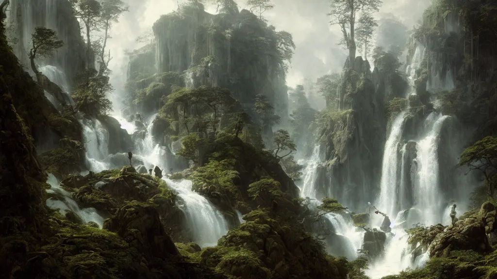 Image similar to the great elven tree above the alpine waterfall. andreas achenbach, artgerm, mikko lagerstedt, zack snyder, tokujin yoshioka