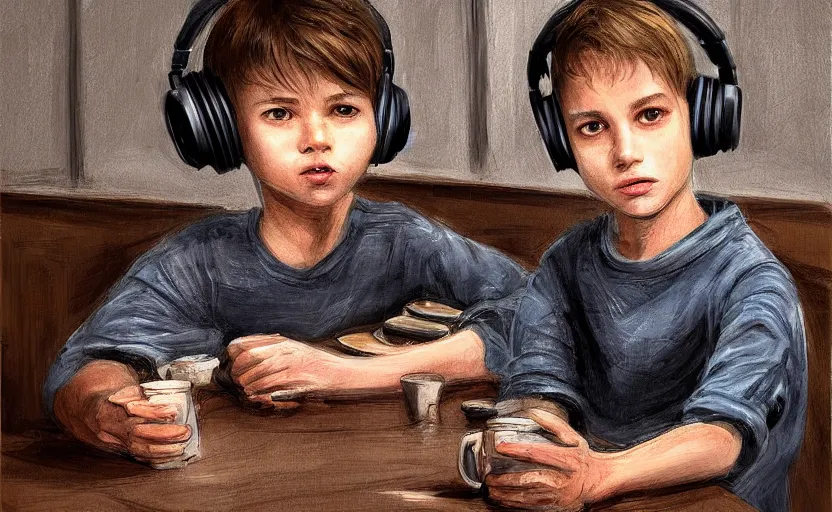 Image similar to a boy with headphones sitting on a table in a cafe with a coffee, digital art, digital painting, masterpiece, concept art, trending on deviantart, highly detailed, high quality, anatomically correct, five fingers, cinematic, high coherence, soft lighting, soft colors, beautiful, elegant, short black hair, 4 k, symmetrical, realistic and detailed face, cartoon