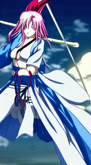 Image similar to Anime Screenshot of a Baiken unsheathing her sword at night, strong blue rimlit, visual-key, Nighttime Moonlit, anime illustration in the style of Gainax