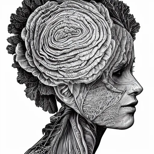 Image similar to the anatomy of a head of lettuce that looks like a beautiful woman, an ultrafine detailed painting by james jean, intricate linework, bright colors, final fantasy, behance contest winner, vanitas, angular, altermodern, unreal engine