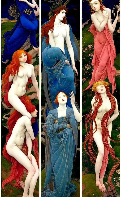 Image similar to 3 Winter Deities, (one representing each month of December, January, and February), in a mixed style of Ivan Bilibin, Æon Flux, Peter Chung, Botticelli, and John Singer Sargent, inspired by pre-raphaelite paintings, shoujo manga, and cool Japanese street fashion, they are downcast or asleep, dramatic moody cold landscape, dark and muted colors, hyper detailed, super fine inking lines, ethereal atmosphere, ghost, 4K extremely photorealistic, Arnold render