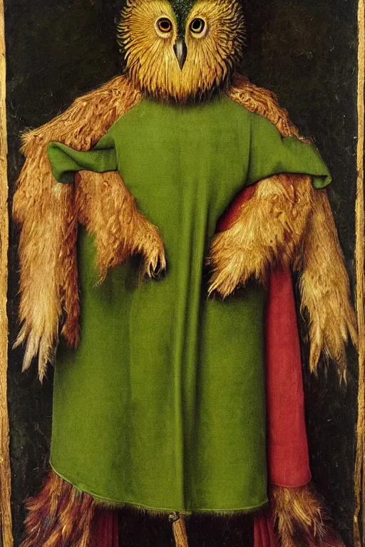 Image similar to portrait of humanoid iridescent green owlbear wearing a loose tunic. an anthropomorphic owlbear. fantasy, oil painting by jan van eyck, northern renaissance art, oil on canvas, wet - on - wet technique, realistic, expressive emotions, intricate textures, illusionistic detail