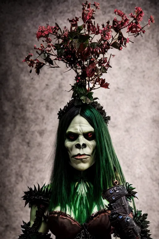 Image similar to very beautiful female orc top model, dark green hair and skin, wearing valentin yudashkin gothic victorian armor with leaves and flowers, luxury materials, symmetrical, cinematic, elegant, professional studio light, real dlsr photography, sharp focus, 4 k, ultra hd, sense of awe, high fashion
