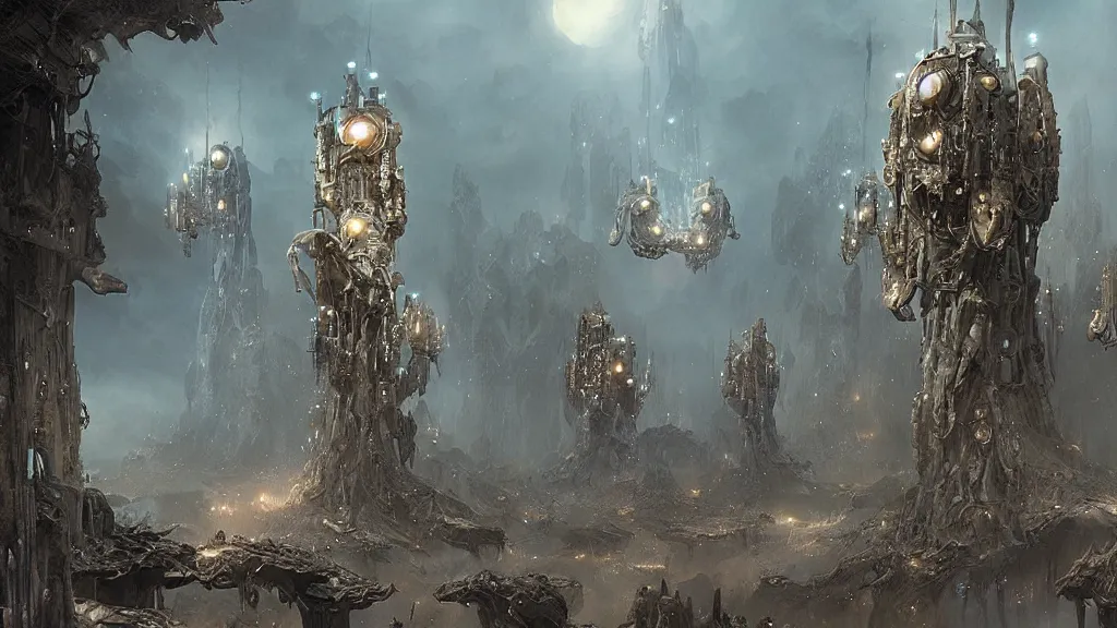 Image similar to eerie atmospheric alien lifeforms by yoann lossel and stephan martiniere, cinematic matte painting